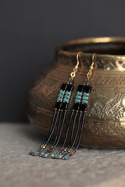 Tile Beaded Earrings Black Tiles Superduo Turquoise Bronze 24k Gold