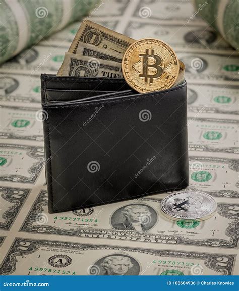 Leather Wallet with a Gold and Silver Bitcoin on a Sheet of Money Stock ...