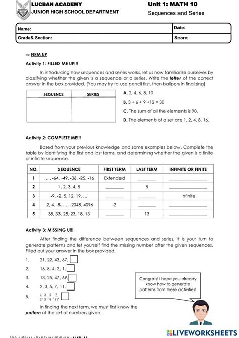 Arithmetic Sequence Series Worksheet Teaching Resources