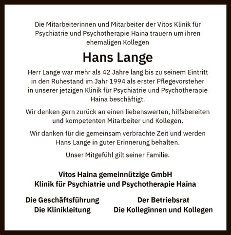 Traueranzeigen Von Hans Lange Lange Trauer Hna De