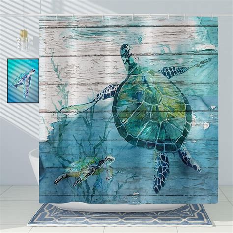 Sea Turtle Shower Curtain Ocean Themed Teal Turtles Barn Wood Board