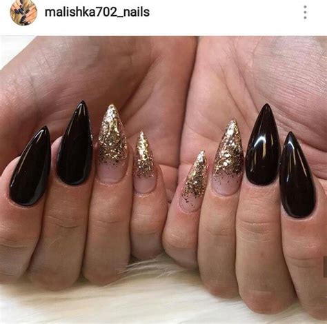 Matte Black And Gold Nails Stiletto