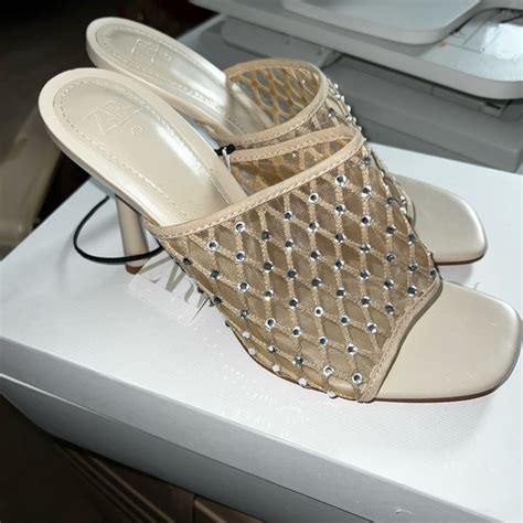 Zara Shoes Zara Mesh Embellished Nude Mule Sandal Heel Poshmark