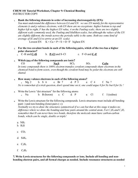 Worksheet Chapter 9 Bonding Answers New Chem 101 Tutorial Worksheet Chapter 9 Chemical