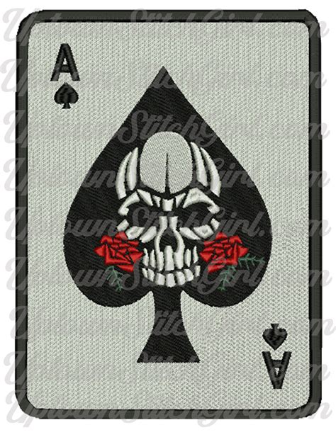 Embroidered Ace Of Spades Skull With Roses Dtf Transfersublimation Download Uptown Stitch Girl