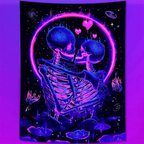 Blacklight Skeleton Tapestry Uv Skull Kissing Love Tapestries For