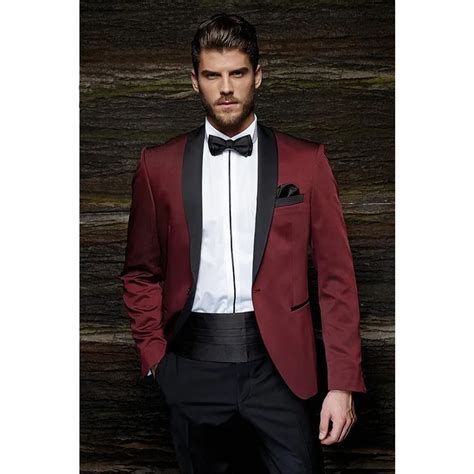 Burgundy Satin Groom Tuxedos Blazer Black Pants Groom Mens Wedding