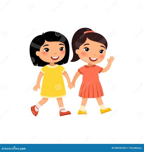 Two Little Asian Girls Go Holding Hand, Cartoon Characters ...