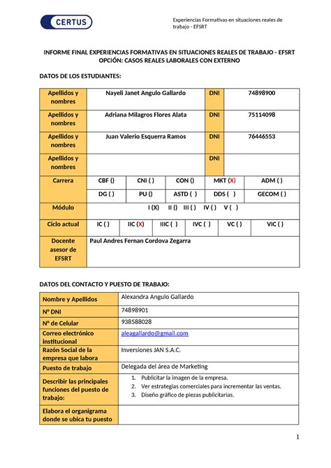 Informe Final Trabajo EFSRT INFORME FINAL EXPERIENCIAS FORMATIVAS