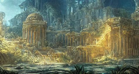 Ancient City Of Atlantis With Big Overgrown Buildings Stable