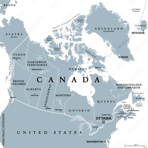 Canada, administrative divisions, gray political map. Ten provinces and ...