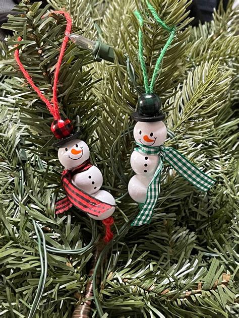 Snowman Wooden Bead Ornaments With Plaid Hats Set Of Etsy