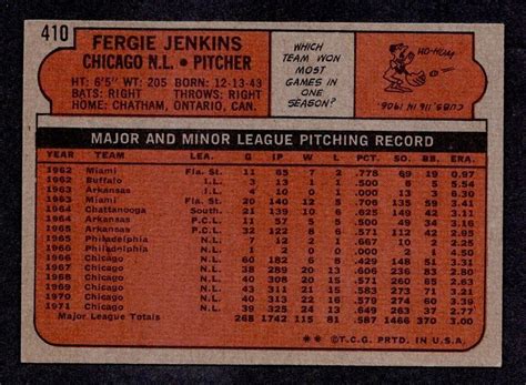 1972 Topps Baseball 410 Fergie Jenkins HOF Chicago Cubs EX MT A EBay