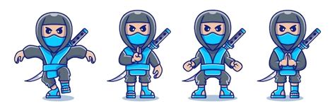 Verzameling Van Ninja Personages Met Verschillende Schattige Poses Premium Vector