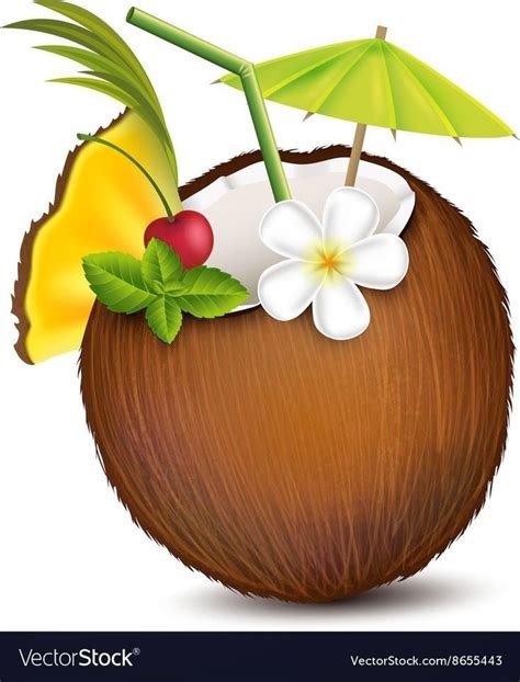 A Coconut Drink With An Umbrella And Flowers