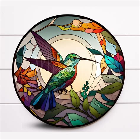 Round Faux Stained Glass Hummingbird Metal Wreath Sign With Flowers