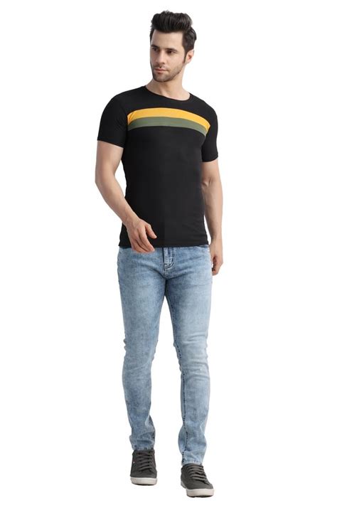 Striped Round Neck Men Black Polyester T Shirt Large At Rs Piece