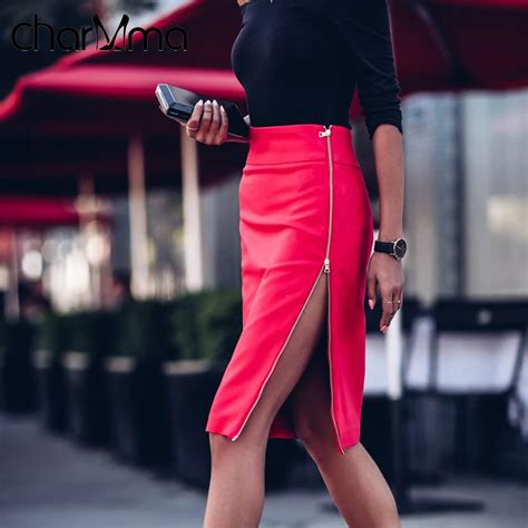 Charmma Sexy Red Pencil Skirts Women Bandage High Waist Zipper Slit