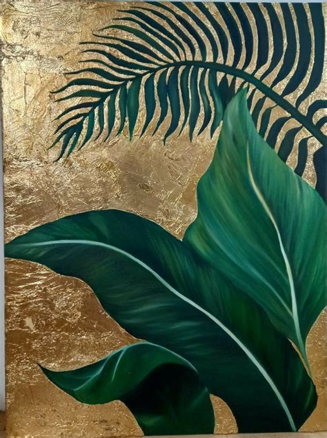 Green Leaf On Gold Background Abstract Botanical Painting