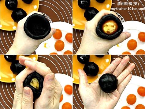 Black Sesame Flaky Salted Egg Yolk Mooncake MyKitchen101en