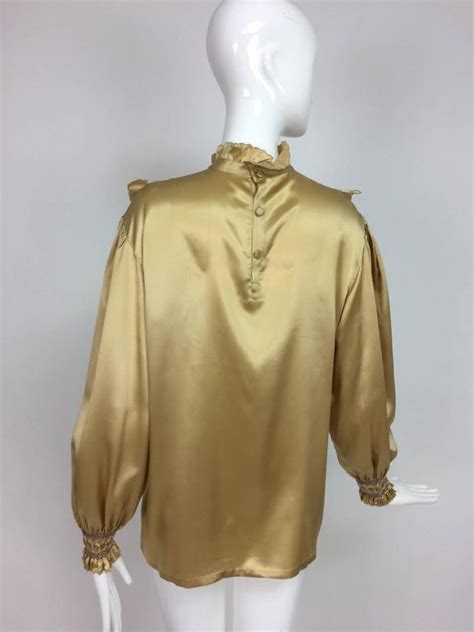 Vintage Pierre Cardin Intricately Embroidered Gold Silk Satin Blouse