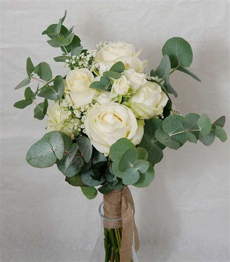 Small Bridal Bouquet With Withe Roses And Eucalyptus In Vintage Style