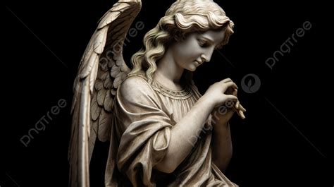 Statue Of An Angel Standing In The Middle Of A Black Background