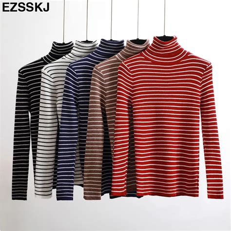 Autumn Winter Turtleneck Striped Sweater Women Knit Casual Pullovers