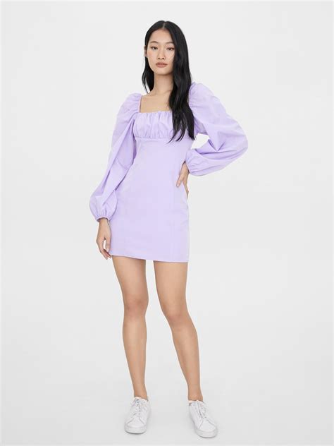 Puffed Sleeves Square Neck Dress - Purple - Pomelo Fashion