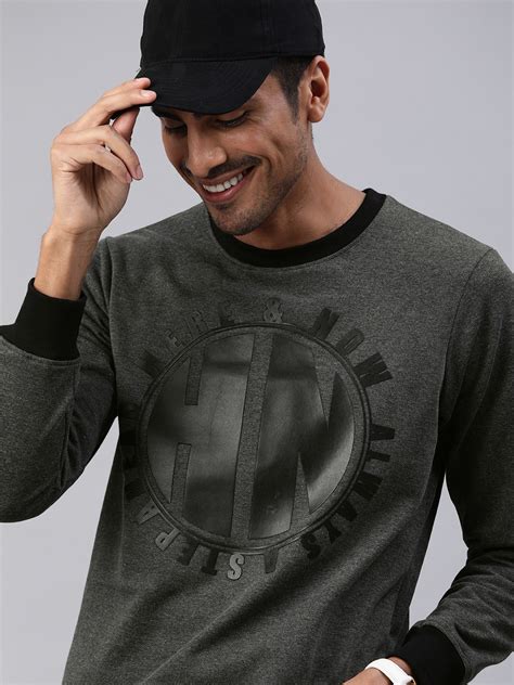 Buy Hereandnow Men Charcoal Grey Printed Sweatshirt Sweatshirts For Men