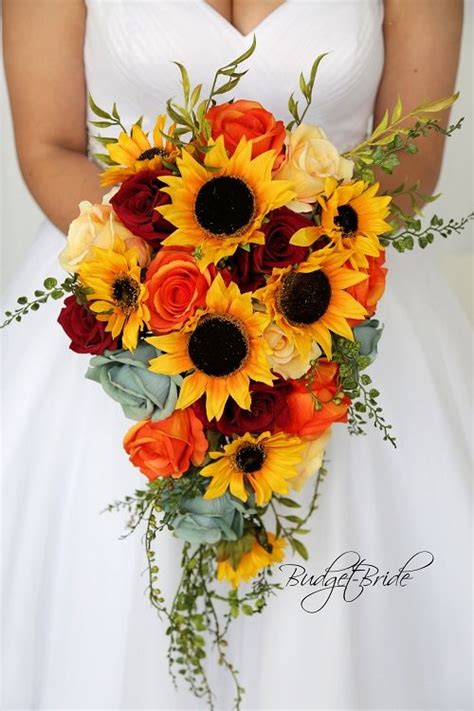 Cascading Teardrop Wedding Flower Bouquet With Sunflowers And Maple Leaves Red Bouquet Wedding