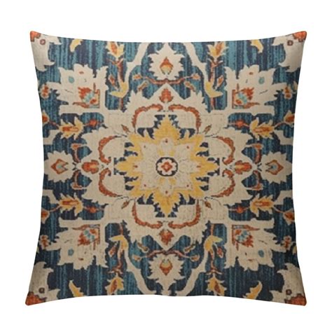 Jeuxus Boho Throw Pillows Cover Teal Blue And Gold Yellow Ethnic Carpet