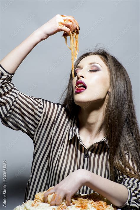 Hungry Girl Have Italian Food Meal Sexy Woman Eat Spaghetti With Hands Woman Eat Pasta Dish