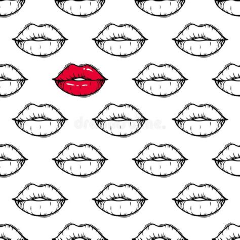 Seamless Pattern With Red Color And Colorless Doodle Lips Hand Drawn