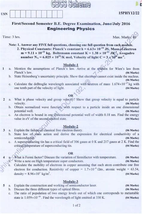 Vtu Be St Year Physics Question Paper Electrical Resistivity And