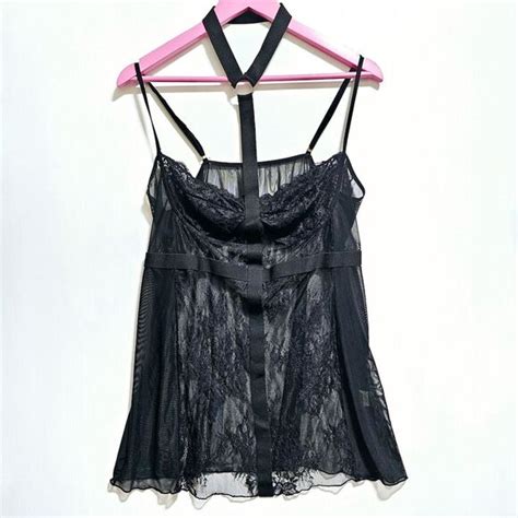 Unbranded Intimates Sleepwear Womens Xl Black Lace Mesh Chemise Lingerie With Bow Detail
