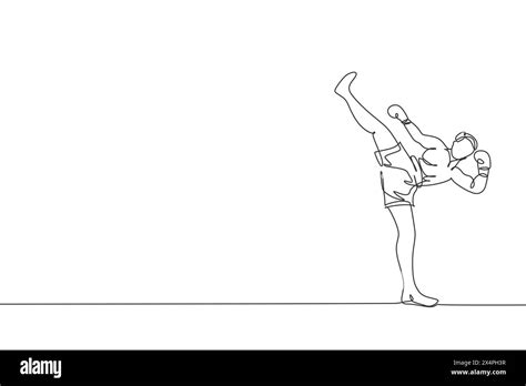 Single Continuous Line Drawing Of Young Sportive Man Kickboxer Exercise