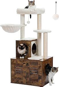 PETEPELA Wood Cat Tree Litter Box Enclosure Indoor Cat Furniture With