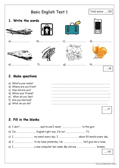 Esl Basic Test English Esl Worksheets Pdf And Doc