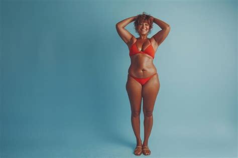 Smiling Woman In A Red Bikini Posing In Front Of A Blue Background