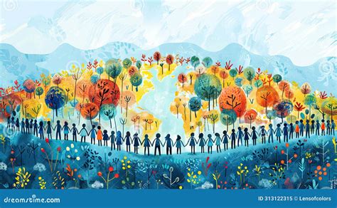 Artistic Drawing with Children Holding Hands in Front of a Planet Full ...