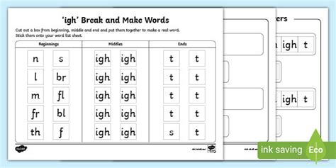 ‘igh Words Break And Make Worksheet Cfe Primary Resources