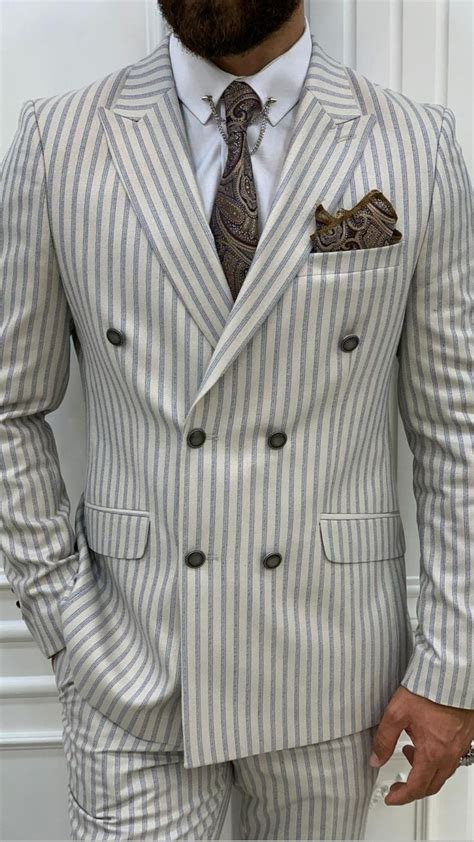 Gentwith Whitney Beige Slim Fit Peak Lapel Double Breasted Striped Suit