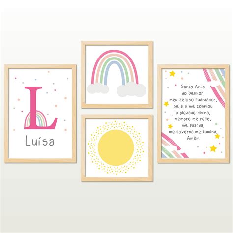 Kit Quadros Decorativos Arco Ris Nome Personalizado Elo