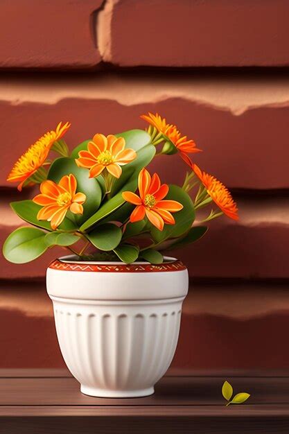 Flor Kalanchoe Em Vaso Branco Sobre A Mesa Fundo De Tijolo Foto