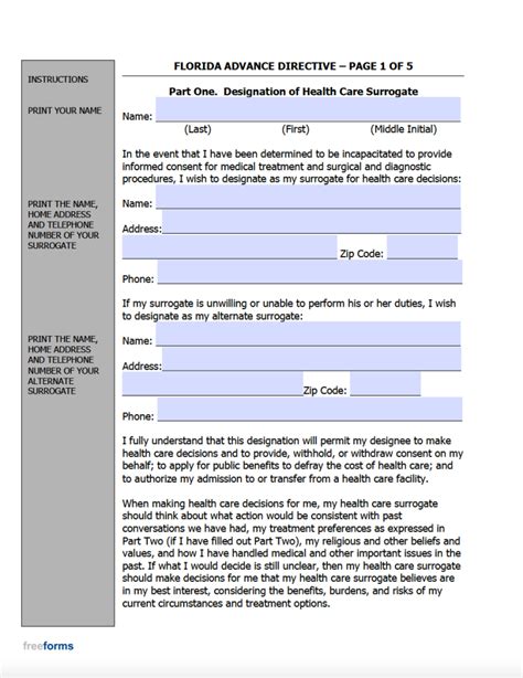 Free Florida Advance Directive Form Medical Poa Living Will Pdf