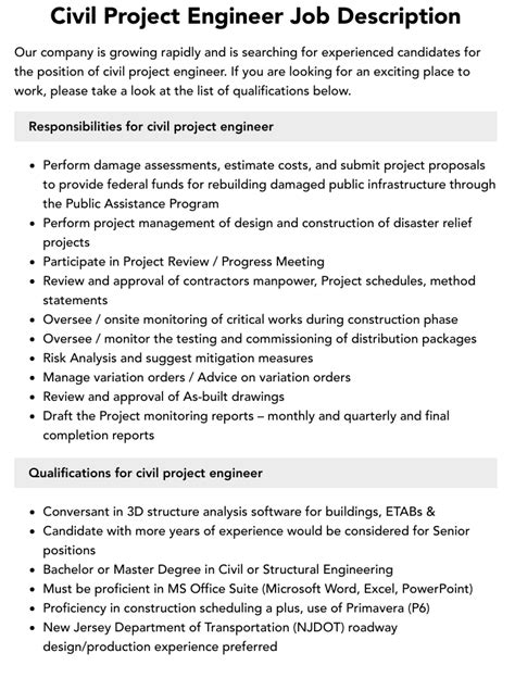 Civil Project Engineer Job Description Velvet Jobs