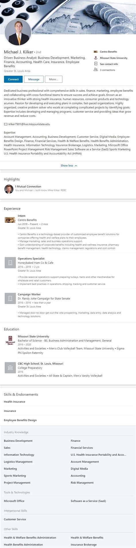 College Studententry Level Resume And Linkedin Profile Examples