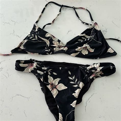 O Neill Swim Oneill Black Floral Hibiscos Bikini Pc Set Swimsuit Top M Bottom S Oneill