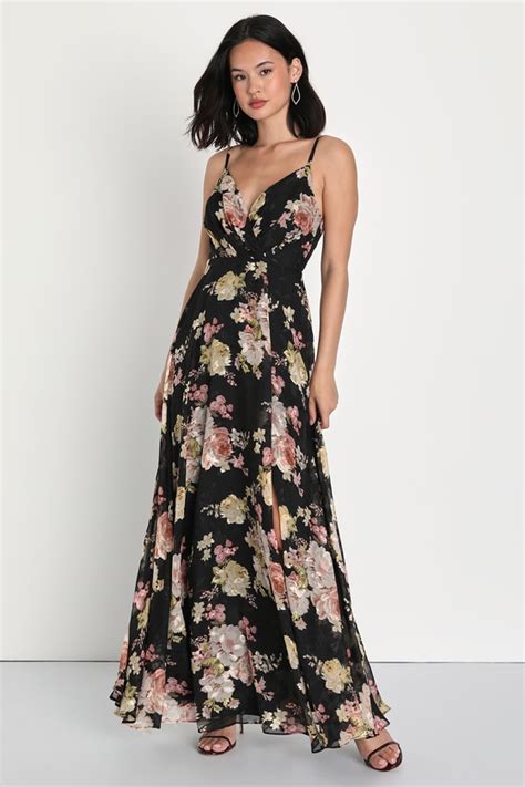 Black Floral Print Dress Burnout Maxi Dress A Line Dress Lulus